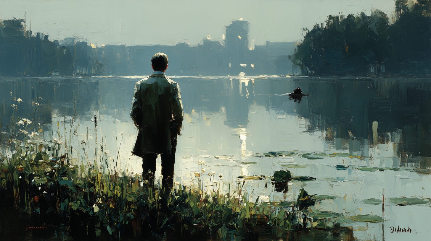 A man at the lakeside in a modern European park, oil painting.