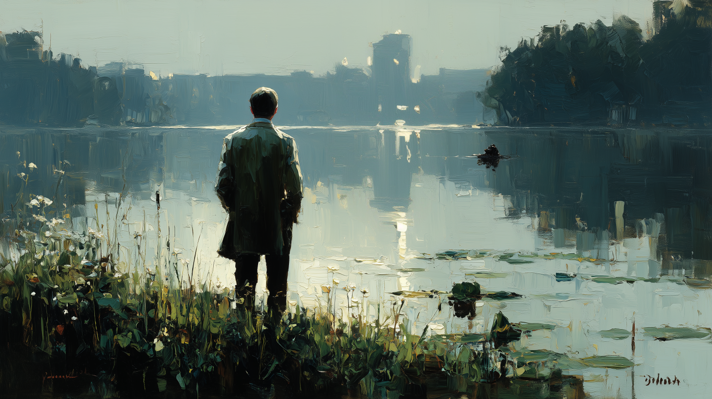 A man at the lakeside in a modern European park, oil painting.