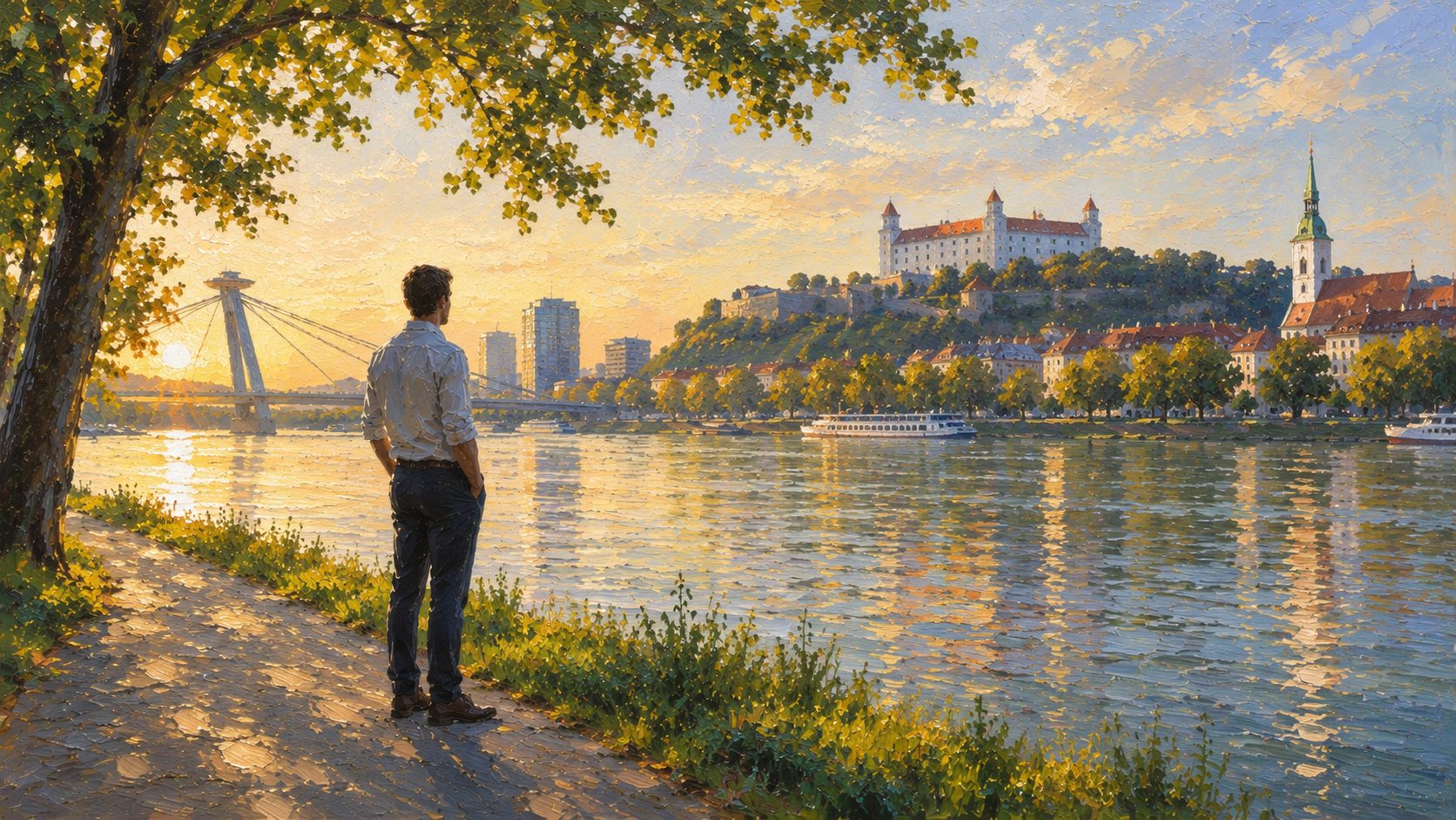 A man on the Danube embankment at golden hour, Bratislava castle and bridge across the river, oil painting.
