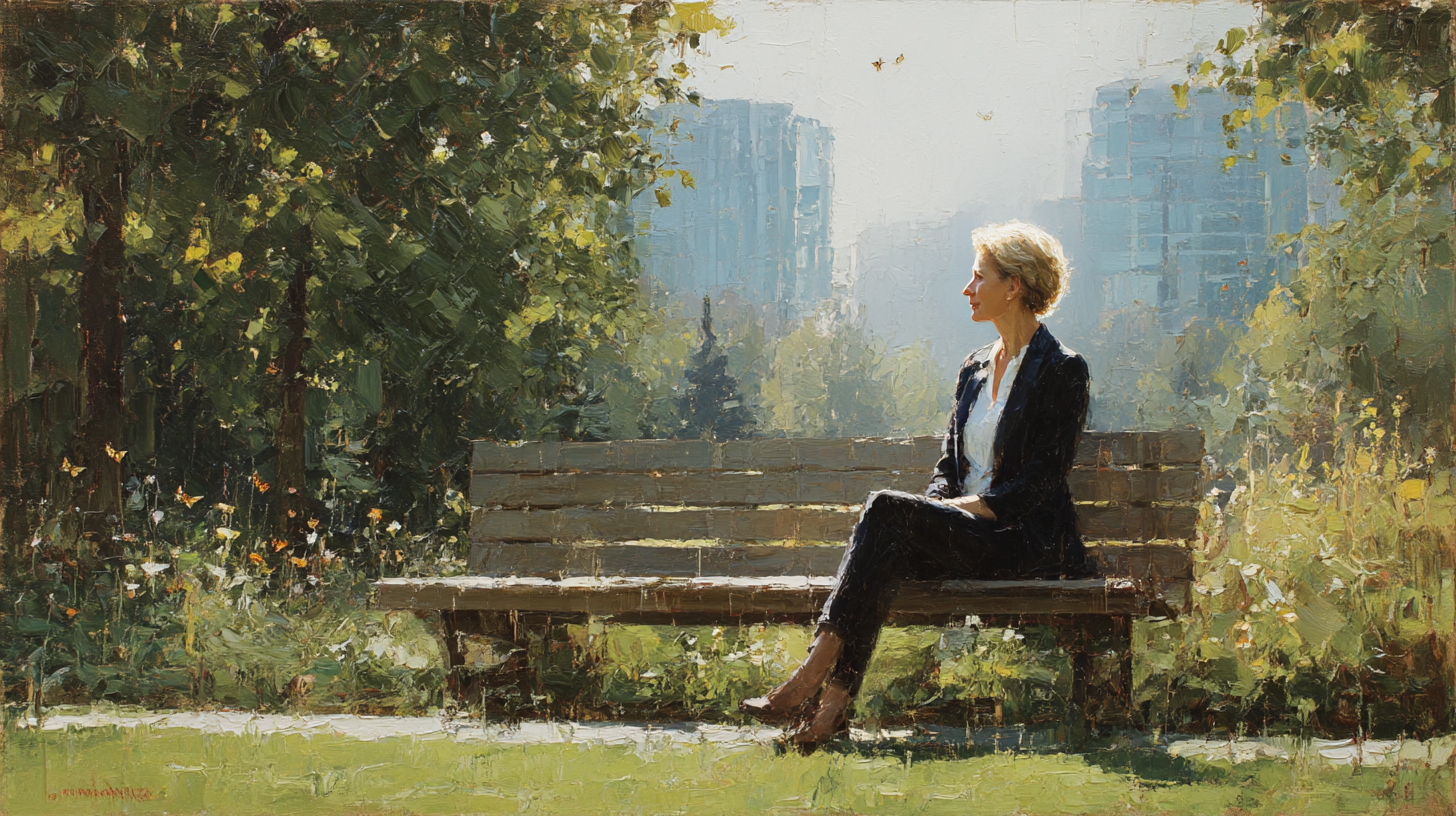 A woman sitting on a park bench, city in the far background, oil painting.