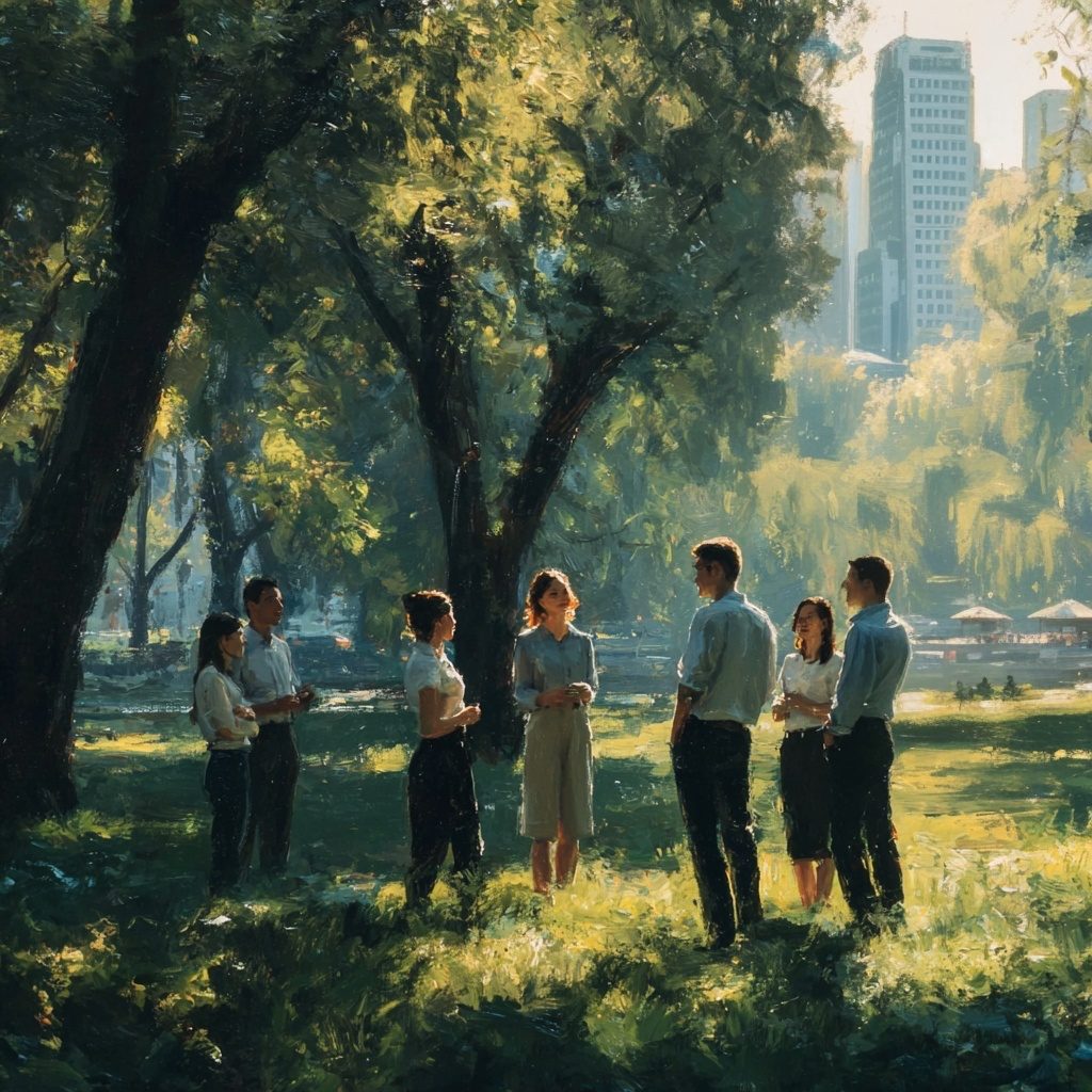 A small team meeting outdoors in a morning park, oil painting.